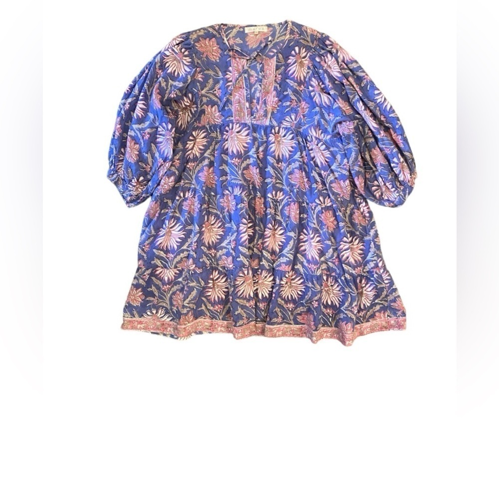 Marea by Liz Joy Casita Cotton Block Floral 3/4 Sleeve Tie Split Neck Mini Dress